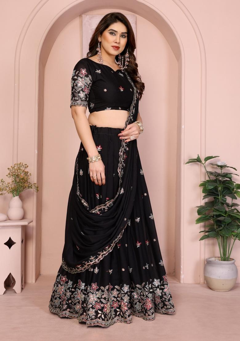 Black Embroidered Georgette Lehenga Set - Indya