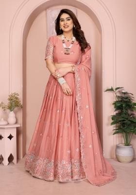 Peach Embroidered Georgette Lehenga Set