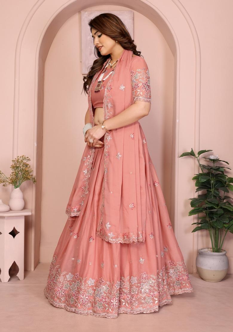 Peach Embroidered Georgette Lehenga Set - Indya