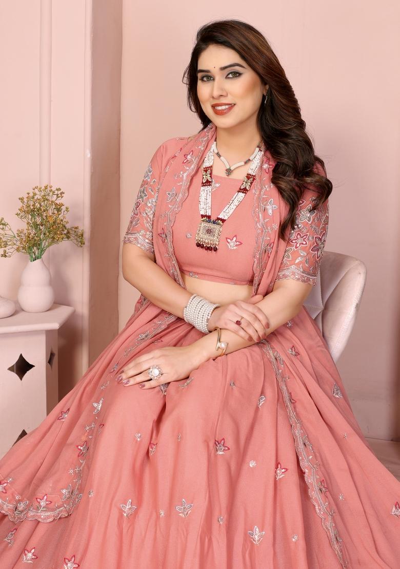 Peach Embroidered Georgette Lehenga Set - Indya