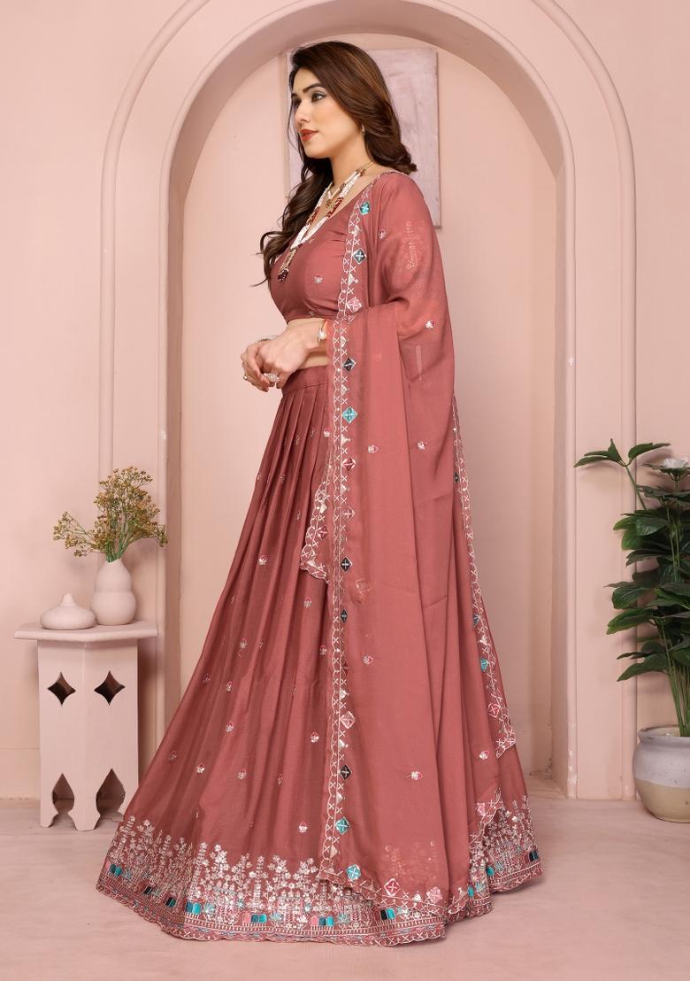Darl Peach Embroidered Georgette Lehenga Set - Indya
