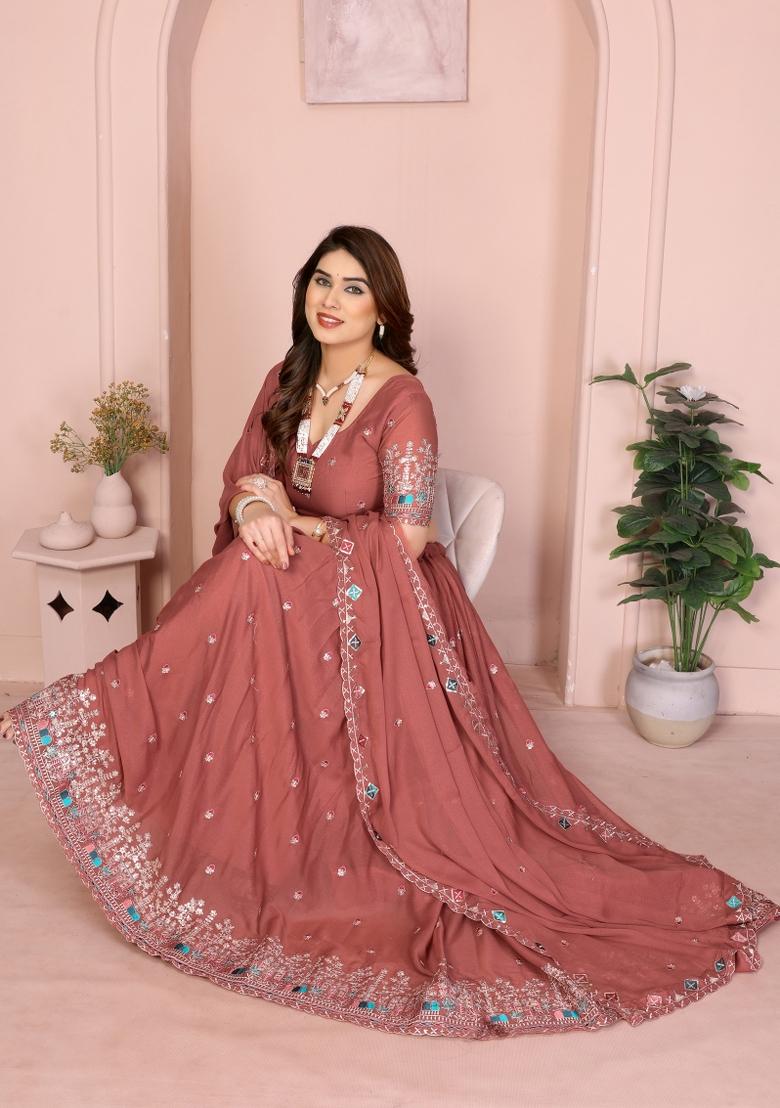Darl Peach Embroidered Georgette Lehenga Set - Indya