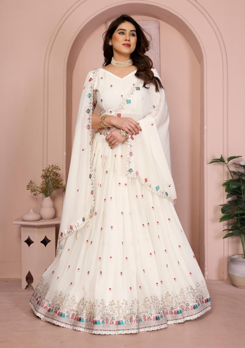 White Embroidered Georgette Lehenga Set - Indya