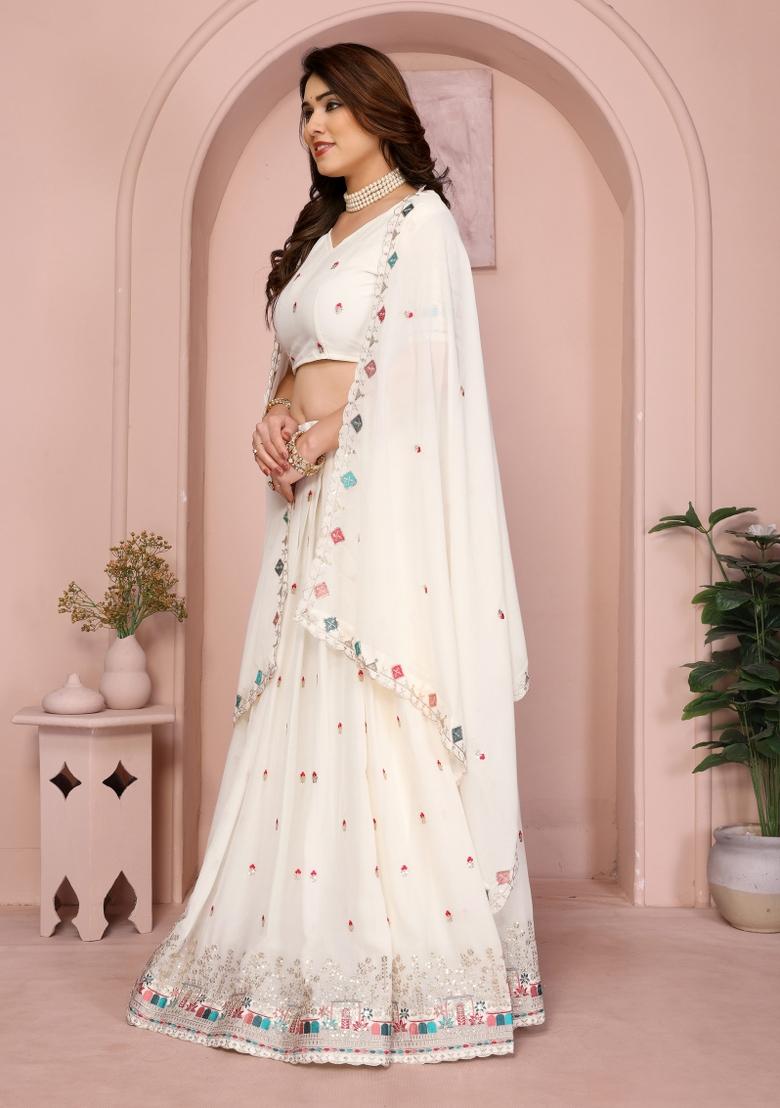 White Embroidered Georgette Lehenga Set - Indya