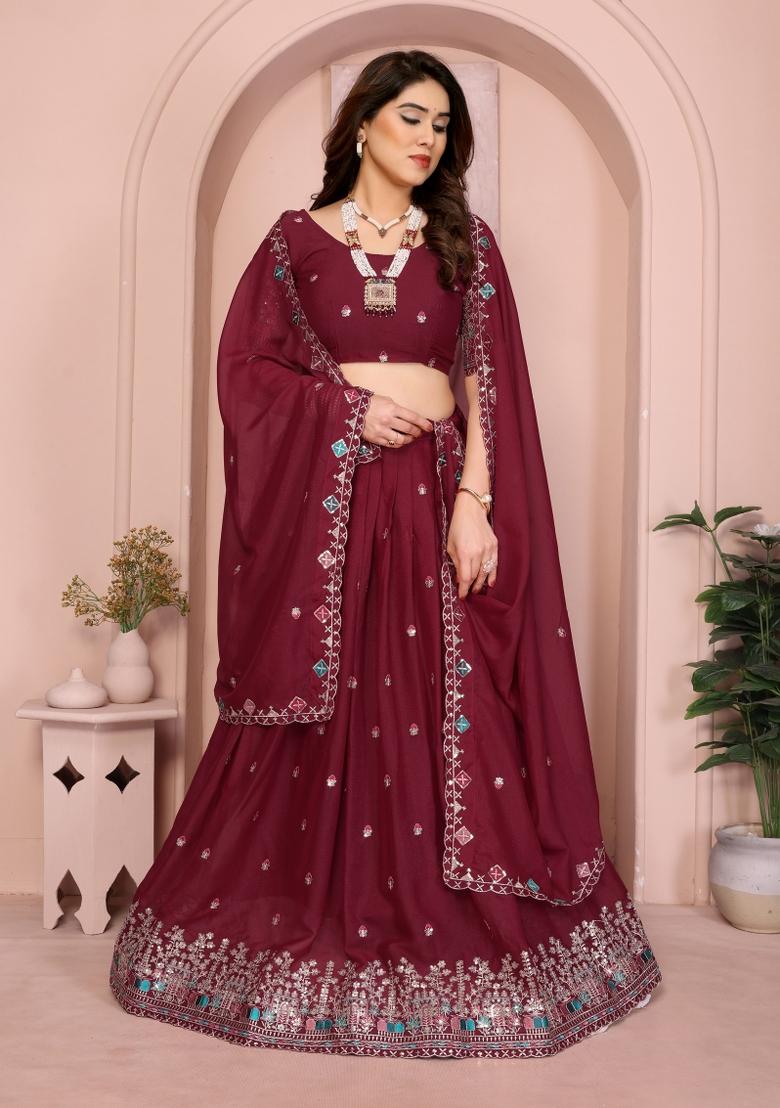 Maroon Embroidered Georgette Lehenga Set - Indya