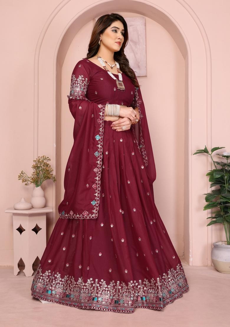 Maroon Embroidered Georgette Lehenga Set - Indya