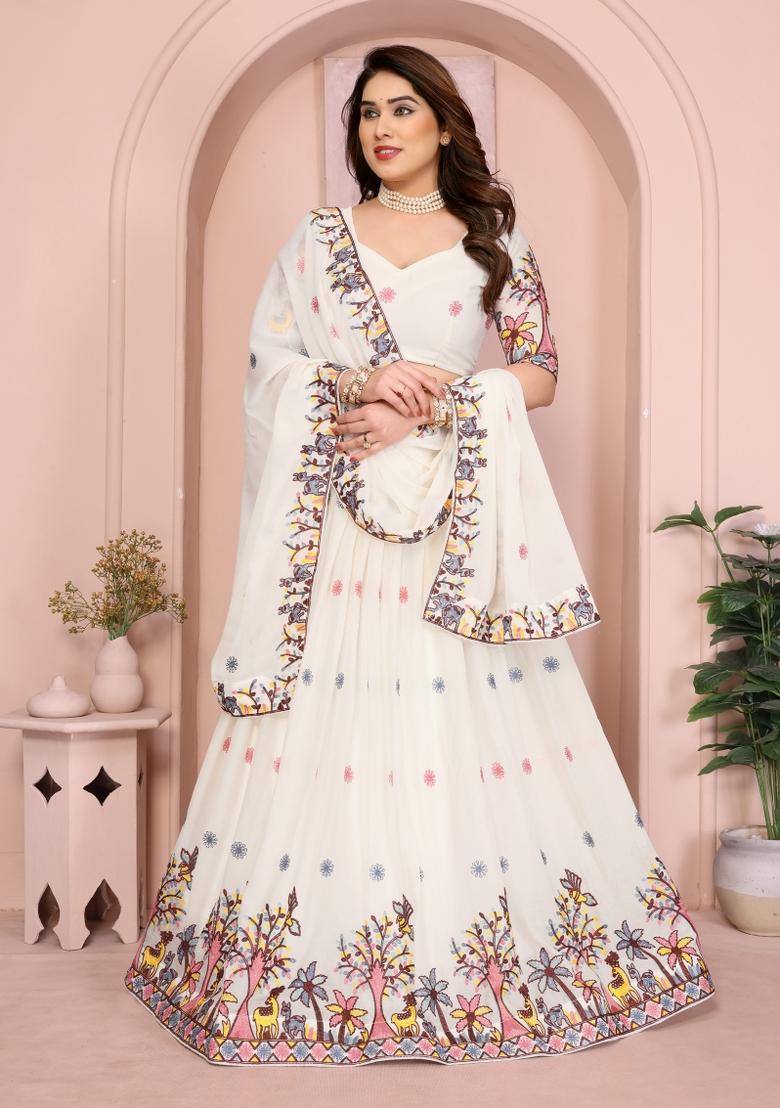 White Embroidered Georgette Lehenga Set - Indya