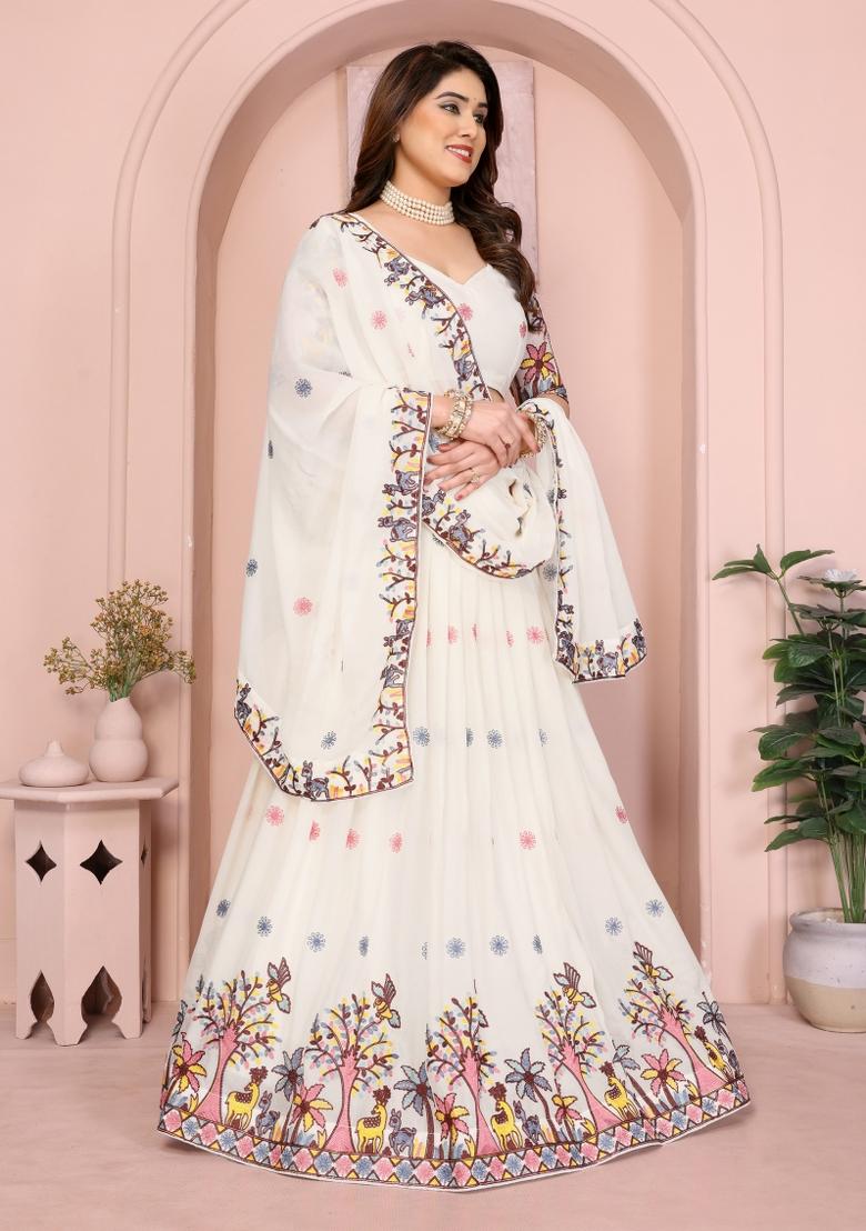 White Embroidered Georgette Lehenga Set - Indya