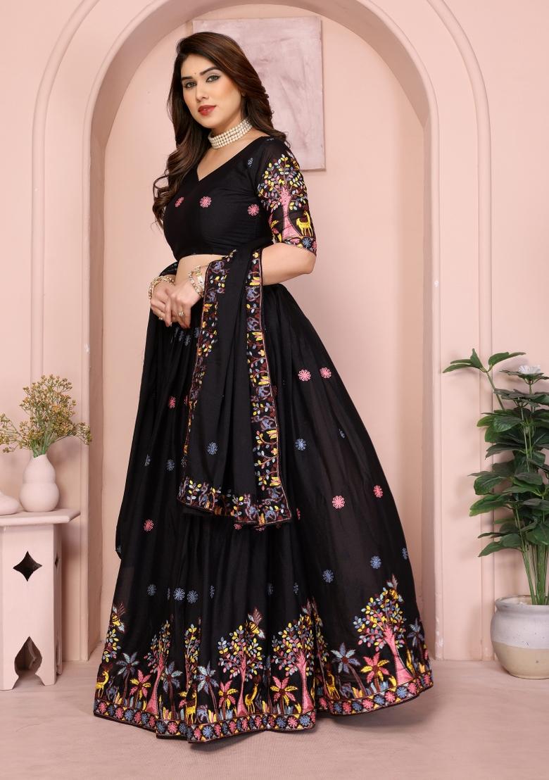 Black Embroidered Georgette Lehenga Set - Indya
