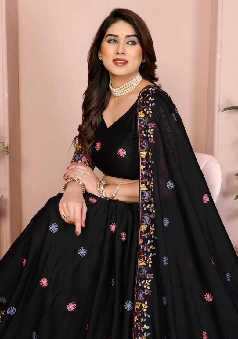 Black Embroidered Georgette Lehenga Set - Indya