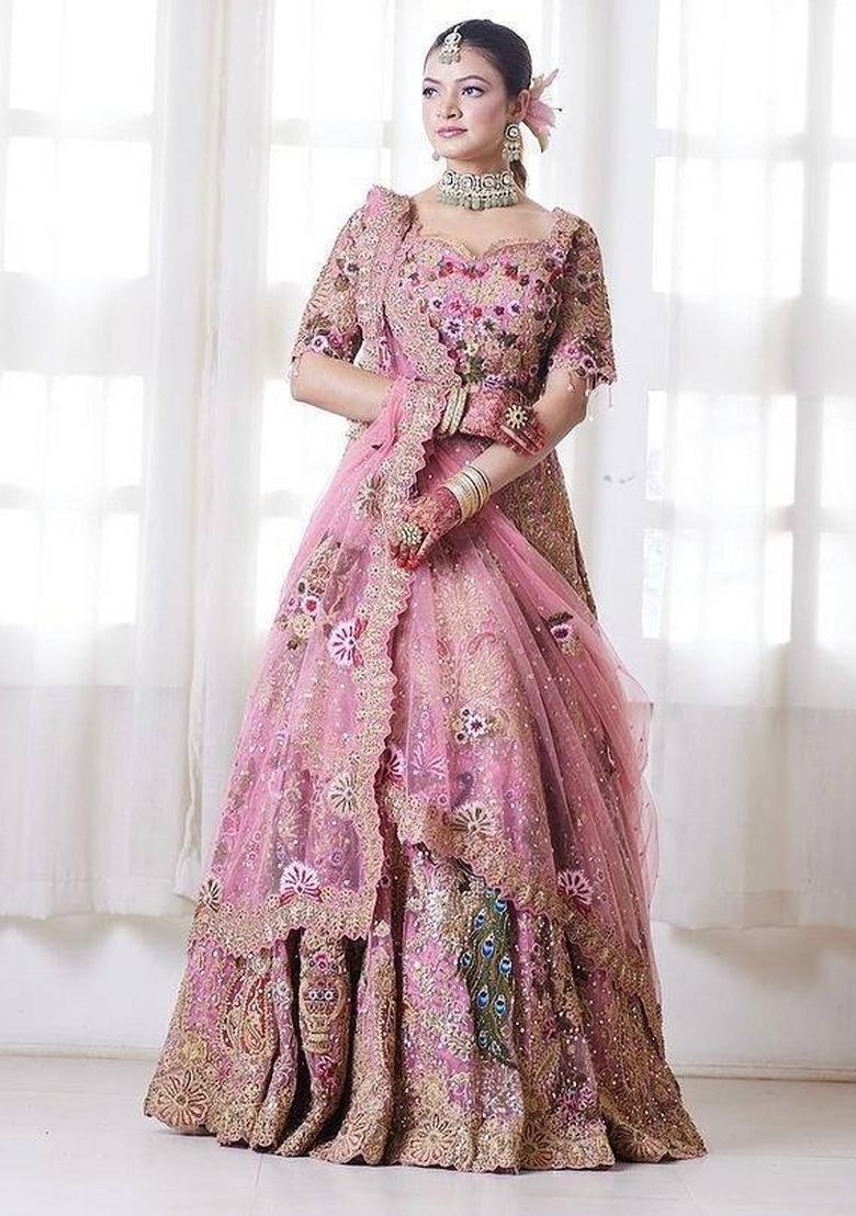 Pink Embroidered Georgette Lehenga Set - Indya