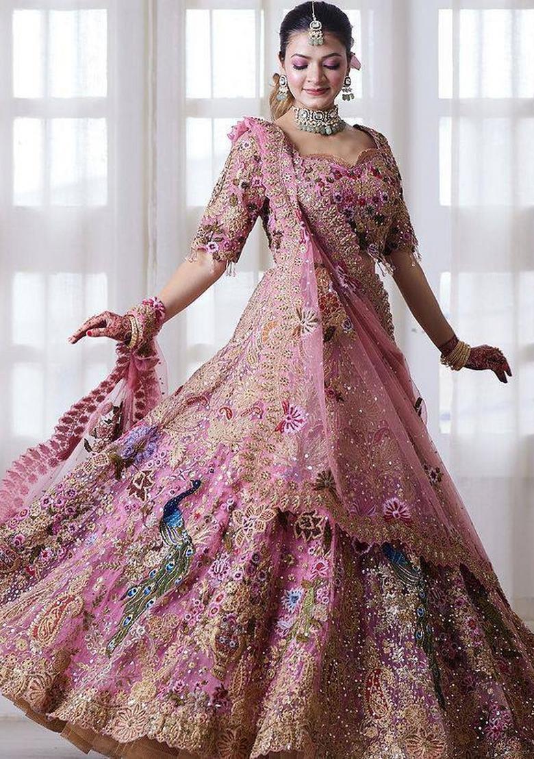 Pink Embroidered Georgette Lehenga Set - Indya