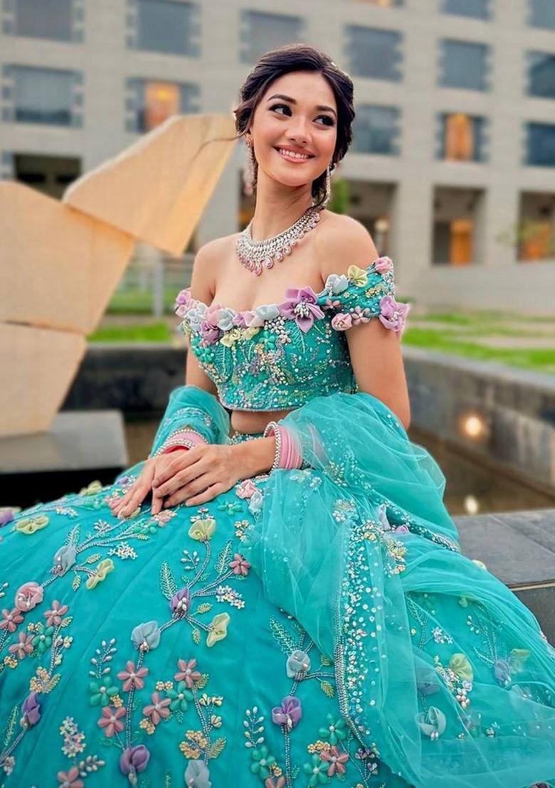 Sky Blue Embroidered Georgette Lehenga Set - Indya