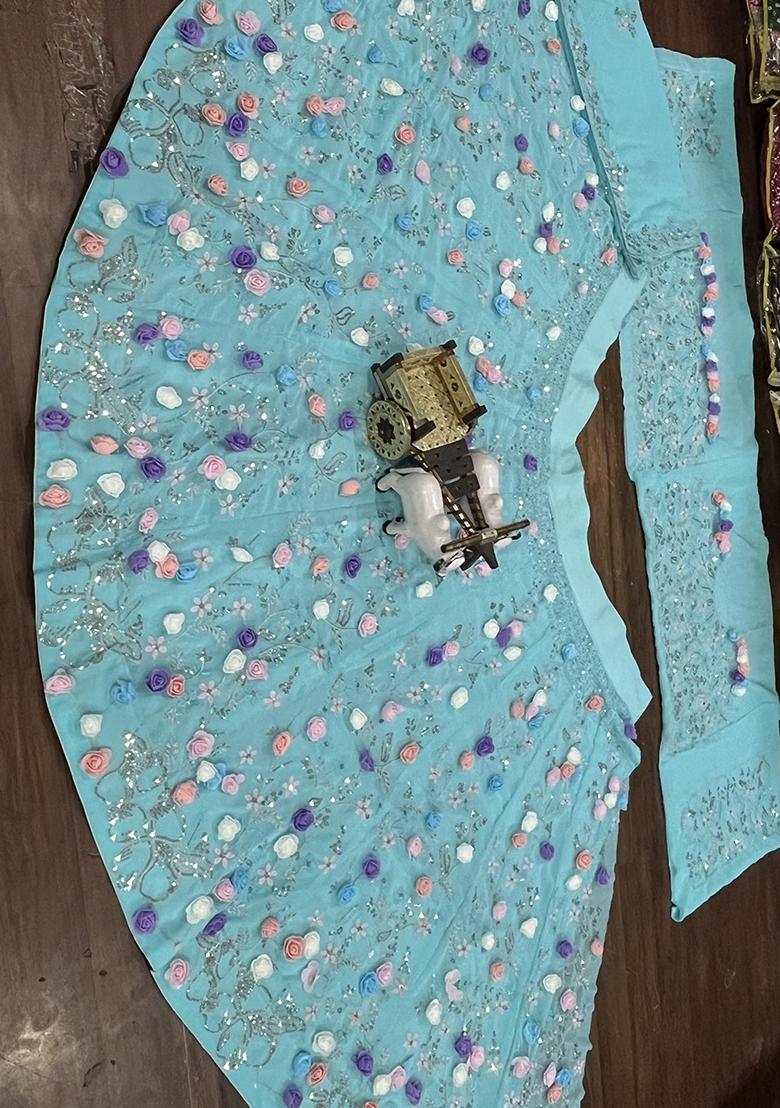 Sky Blue Embroidered Georgette Lehenga Set - Indya