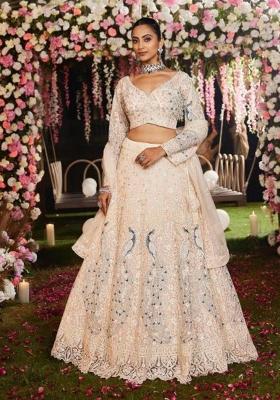 White Sequin Work Net Lehenga Set