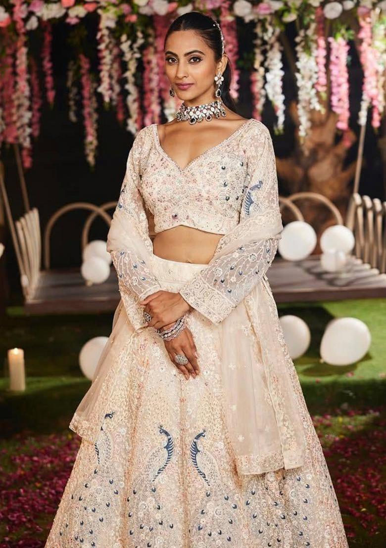 White Sequin Work Net Lehenga Set - Indya