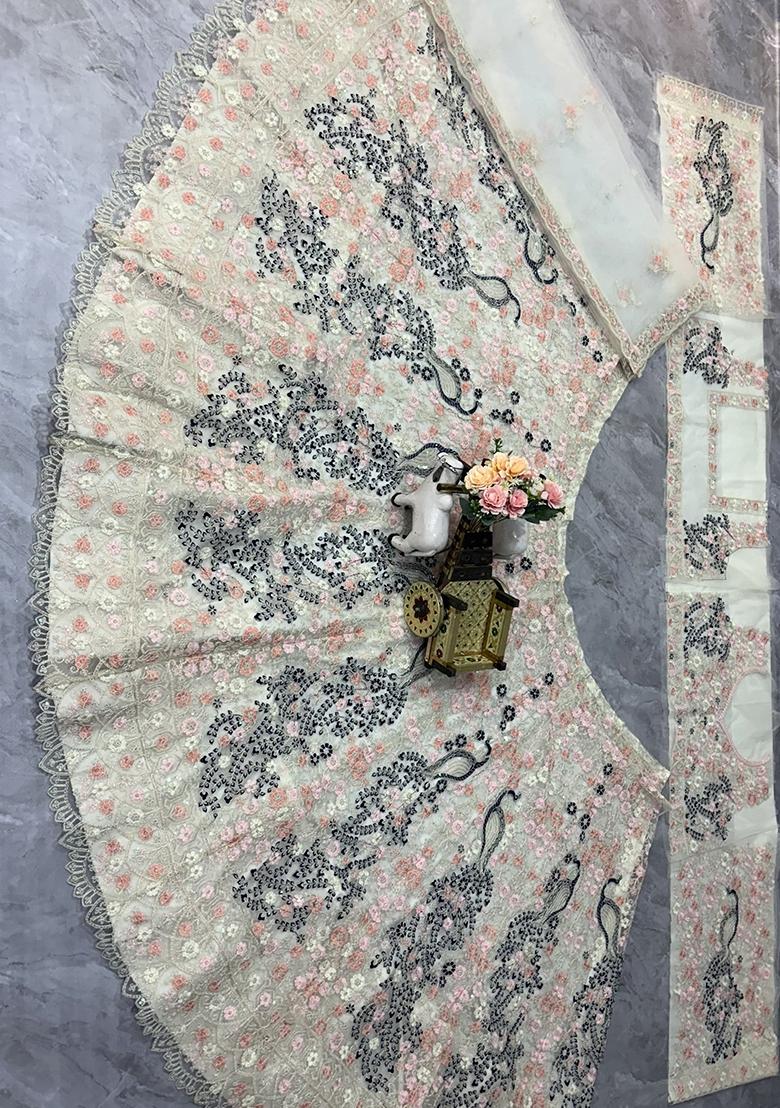 White Sequin Work Net Lehenga Set - Indya