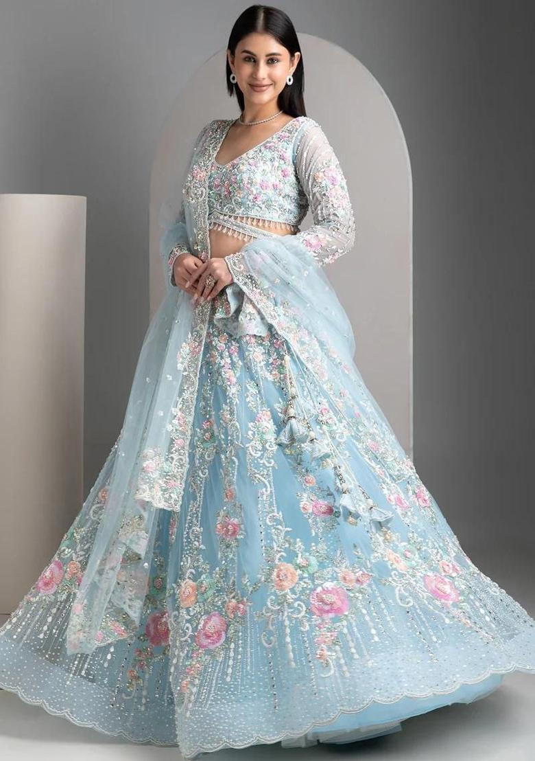 Sky Blue Silk Lehenga Set - Indya