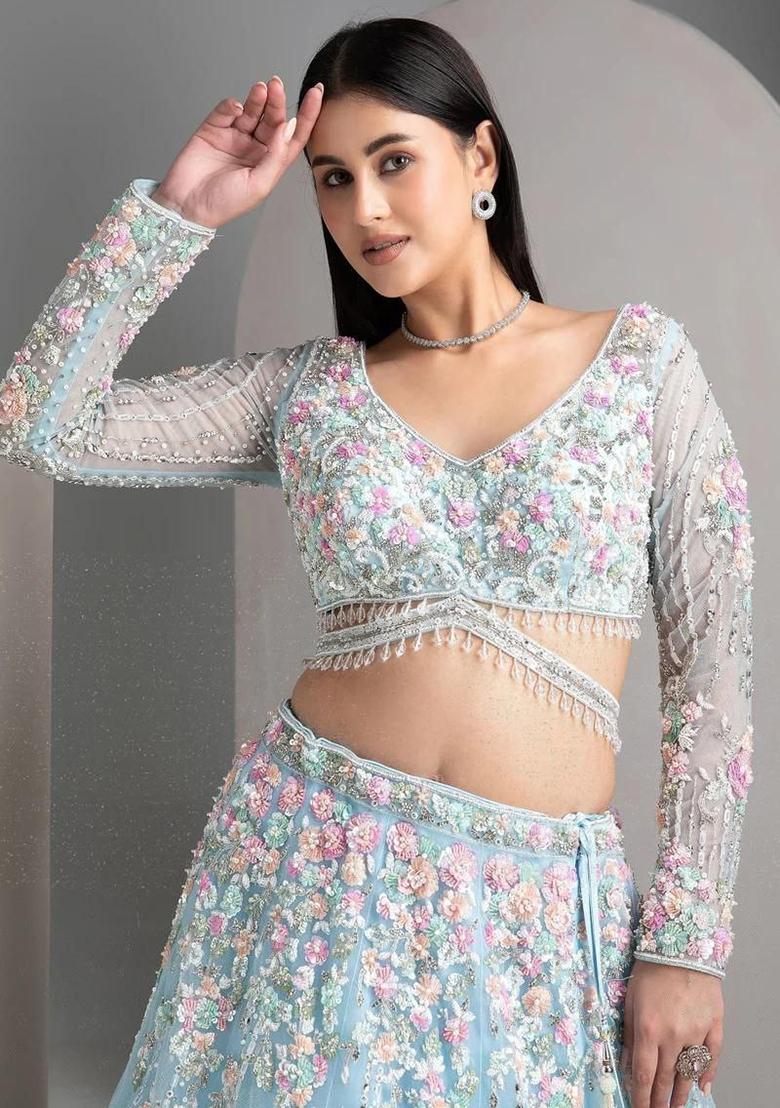 Sky Blue Silk Lehenga Set - Indya