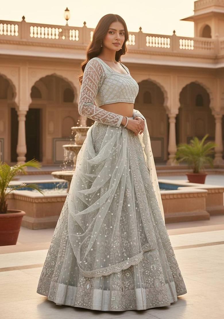 Off White Net Lehenga Set - Indya