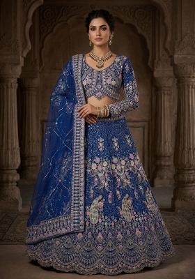 Blue Sequin Work Net Lehenga Set
