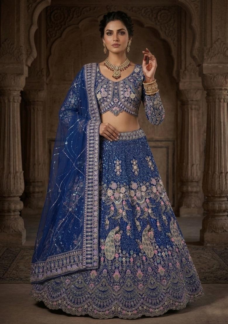 Blue Sequin Work Net Lehenga Set - Indya