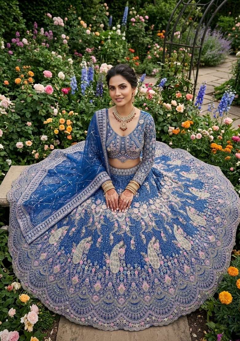 Blue Sequin Work Net Lehenga Set for Diwali and Festive Wear - Indya