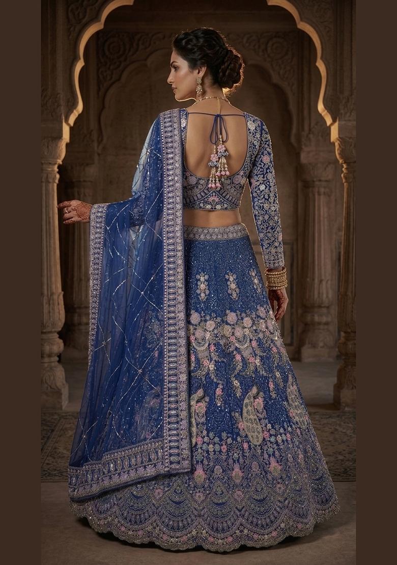 Blue Sequin Work Net Lehenga Set - Indya