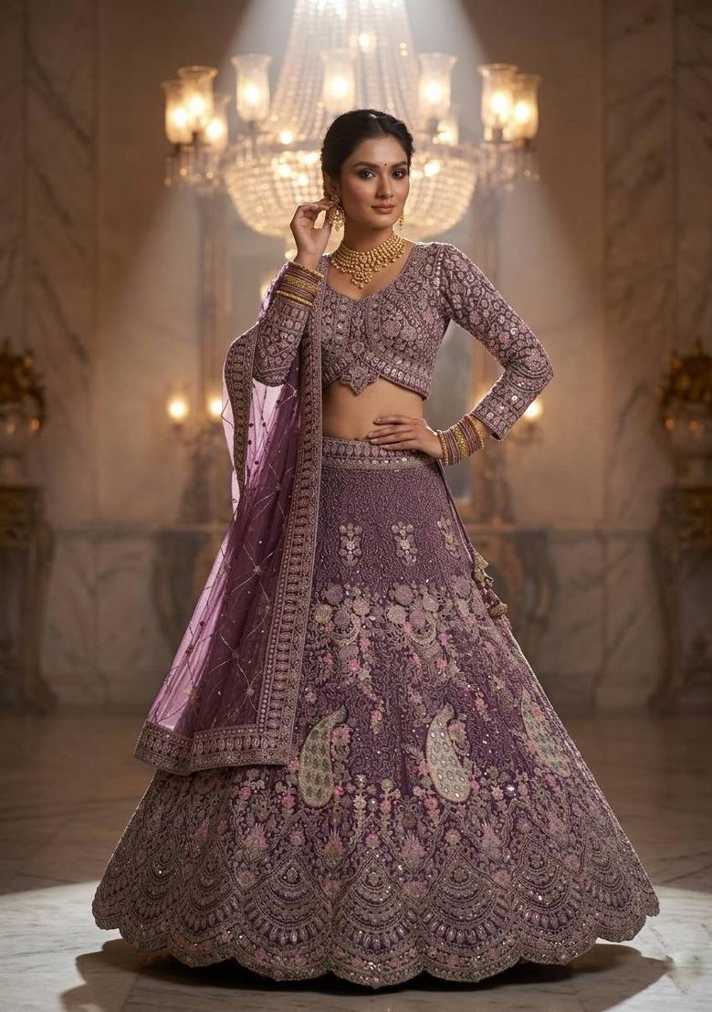 Dusty Purple Sequin Work Net Lehenga Set - Indya