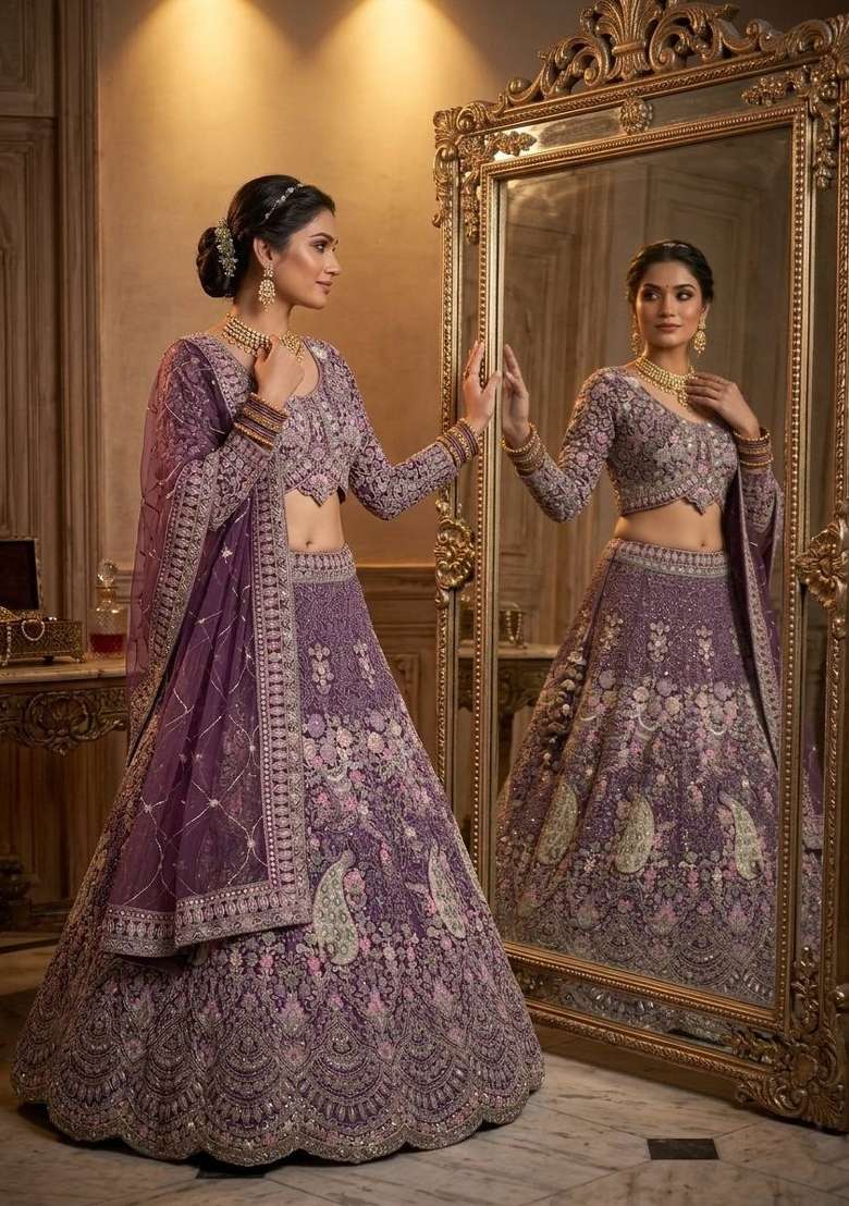 Dusty Purple Work Net Lehenga Set with Sequin for Diwali | Wedding & Festive Wear - Indya