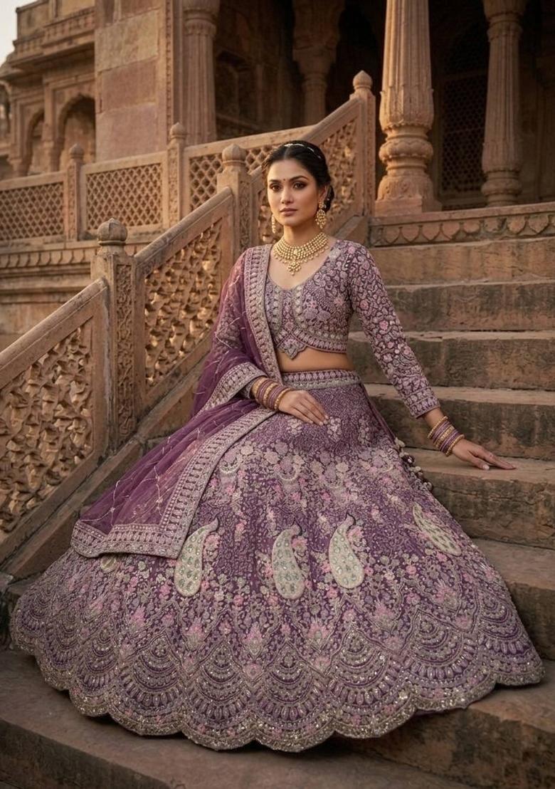 Dusty Purple Sequin Work Net Lehenga Set - Indya