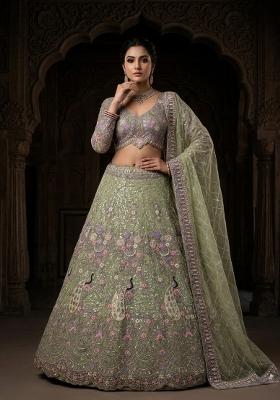 Green Sequin Work Net Lehenga Set