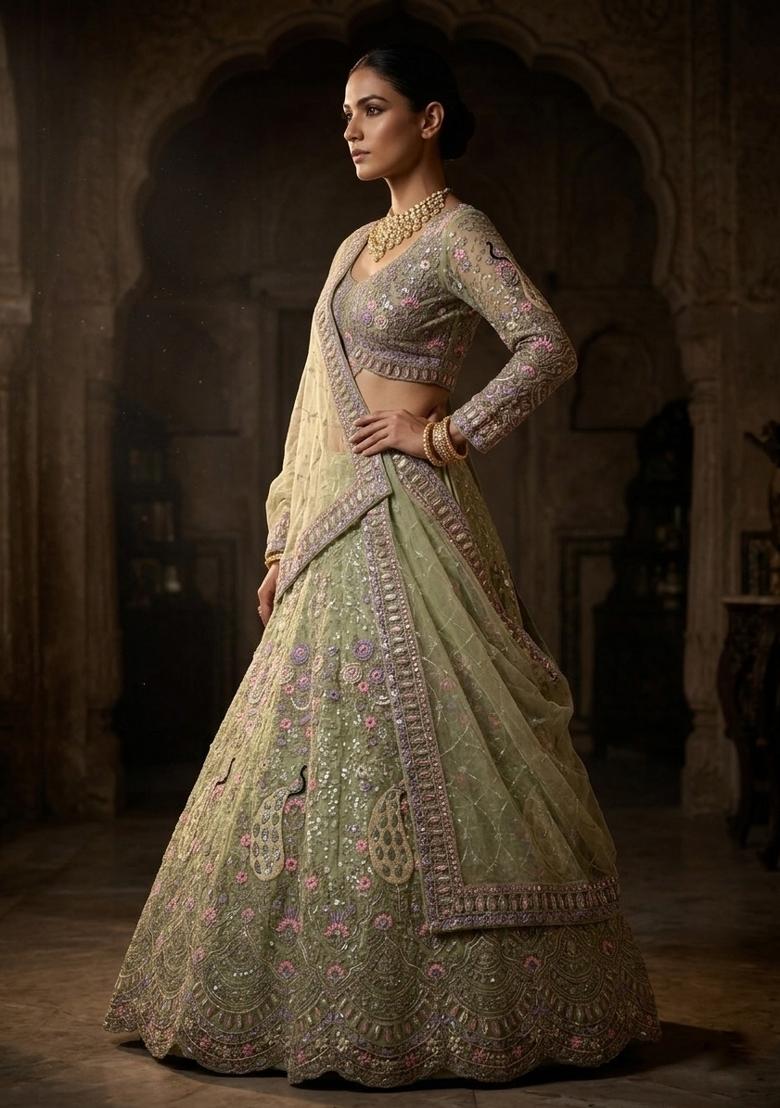 Green Sequin Work Net Lehenga Set - Indya