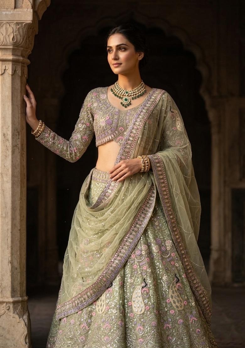Green Sequin Work Net Lehenga Set - Indya