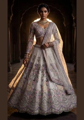 Off White Sequin Work Net Lehenga Set