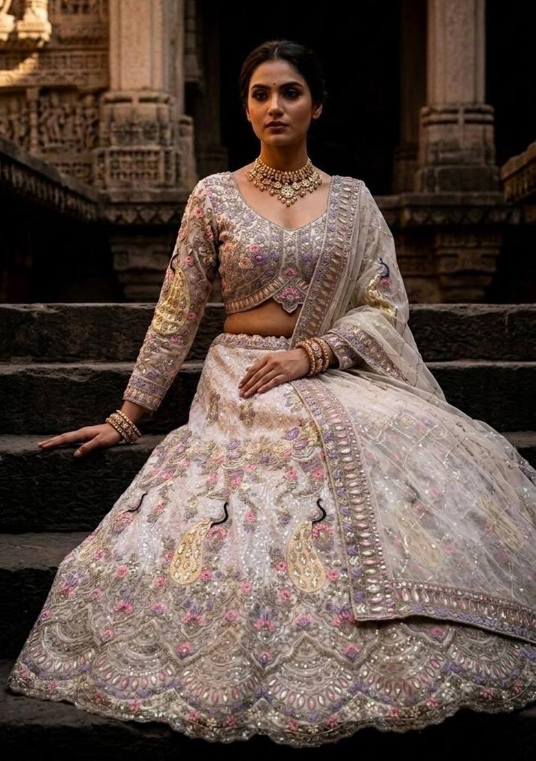 Off White Sequin Work Net Lehenga Set - Indya