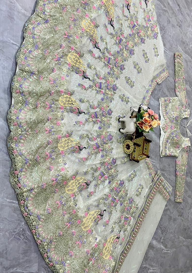 Off White Sequin Work Net Lehenga Set - Indya