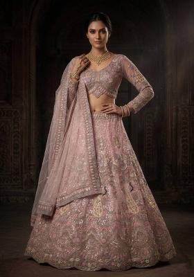 Pink Sequin Work Net Lehenga Set