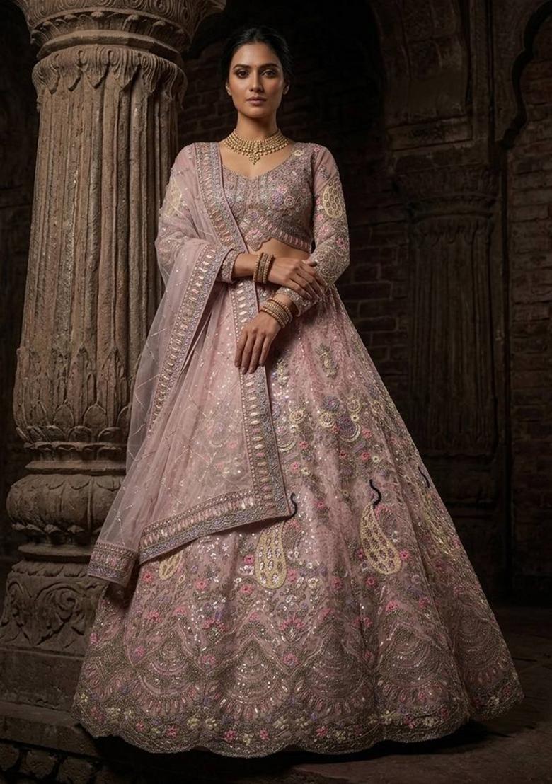 Pink Sequin Work Net Lehenga Set - Indya