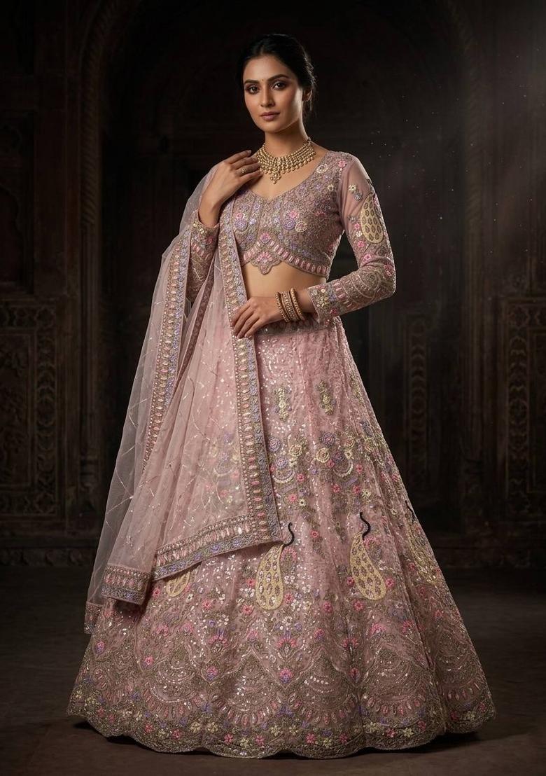 Pink Sequin Work Net Lehenga Set - Indya