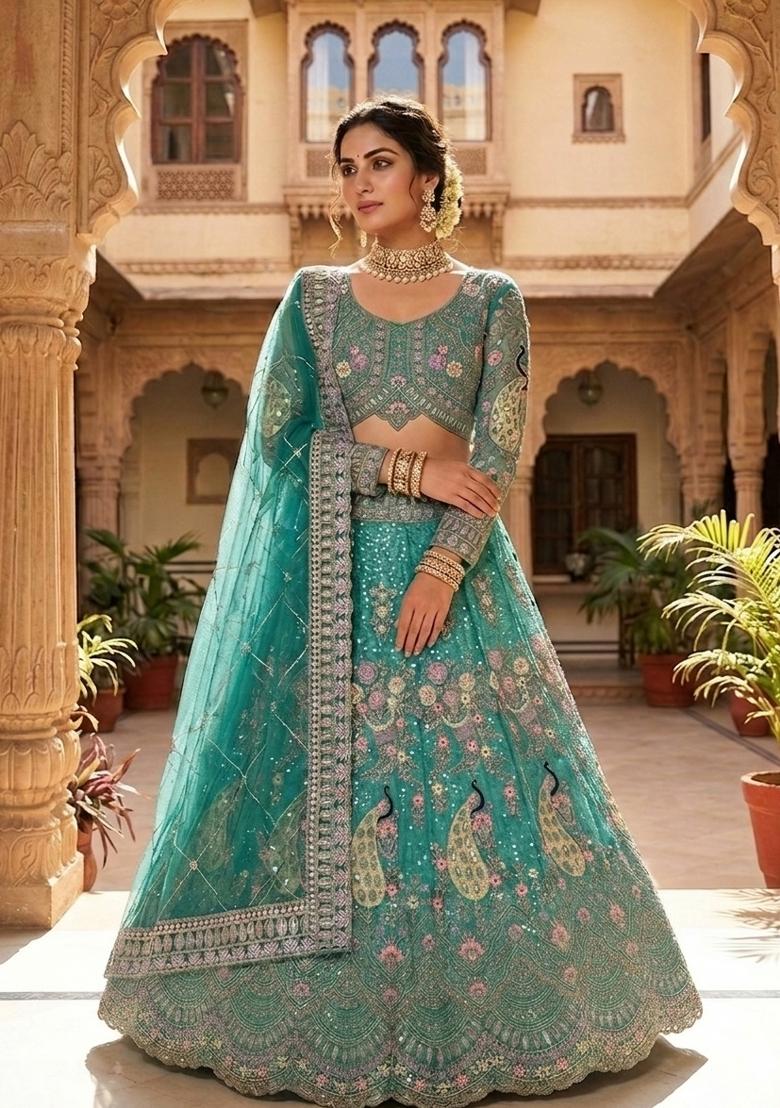 Rama Sequin Work Net Lehenga Set - Indya