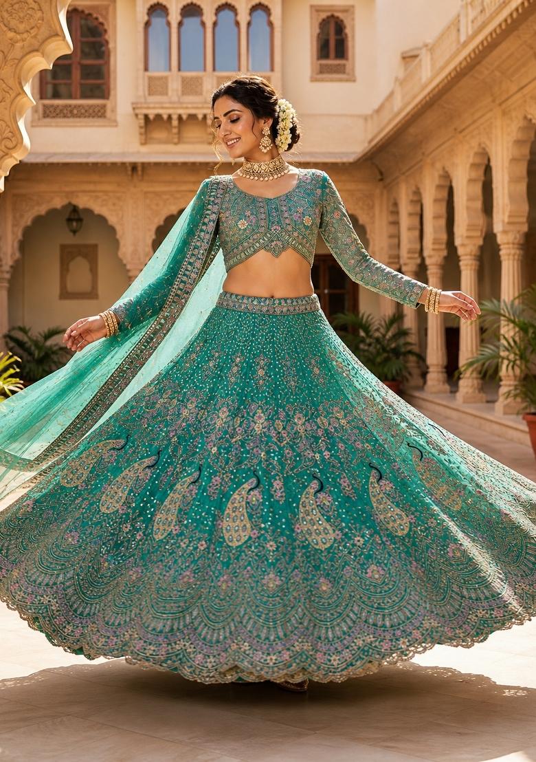 Rama Sequin Work Net Lehenga Set - Indya