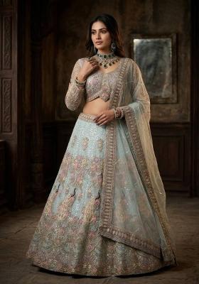 Sky Blue Sequin Work Net Lehenga Set