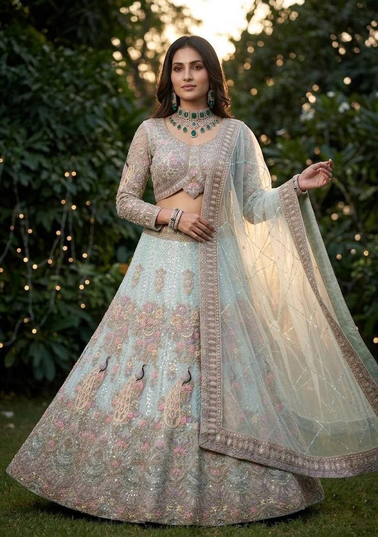 Sky Blue Sequin Work Net Lehenga Set - Indya