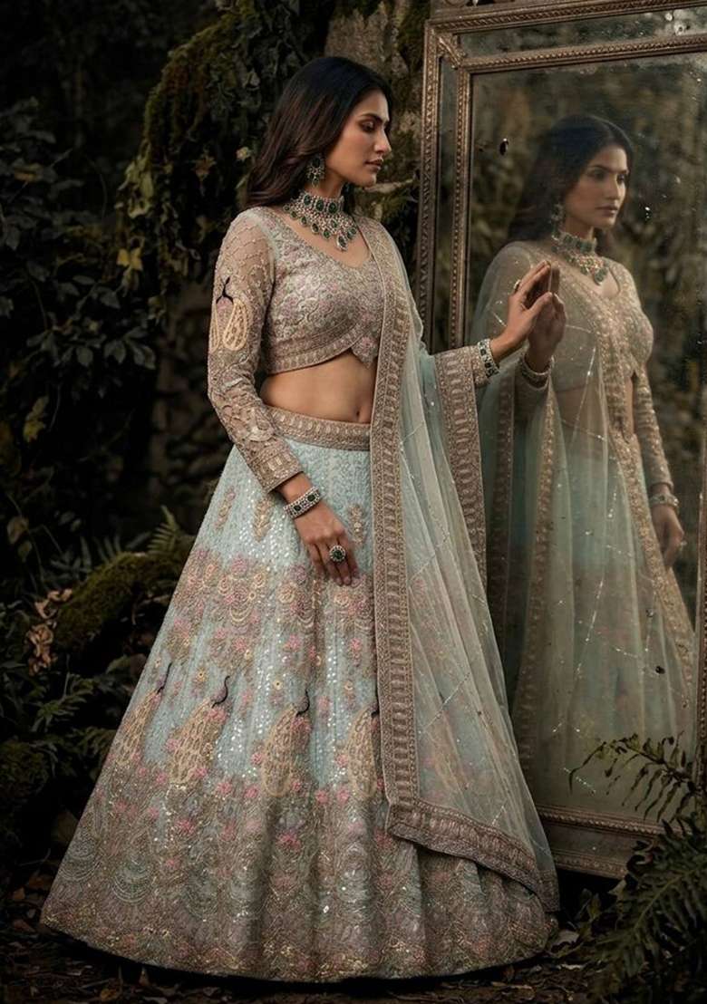 Sky Blue Work Net Lehenga Set with Sequin for Diwali | Wedding & Festive Wear - Indya