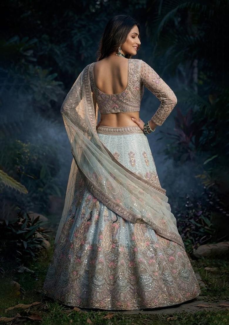Sky Blue Sequin Work Net Lehenga Set - Indya