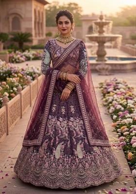 Wine Sequin Work Net Lehenga Set