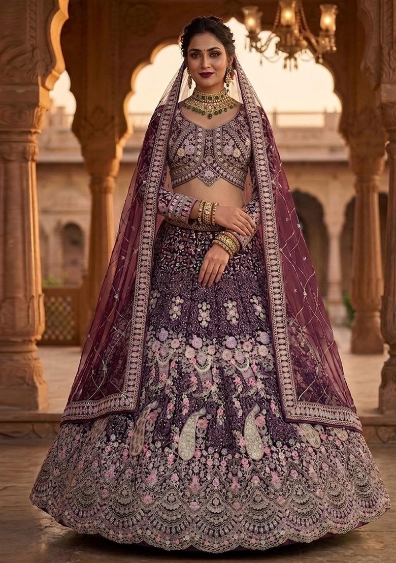 Wine Sequin Work Net Lehenga Set - Indya