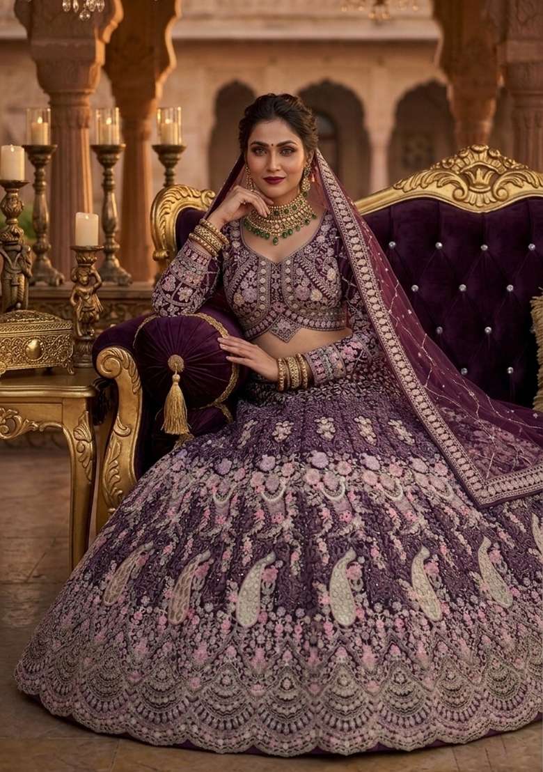 Wine Sequin Work Net Lehenga Set for Diwali and Festive Wear - Indya