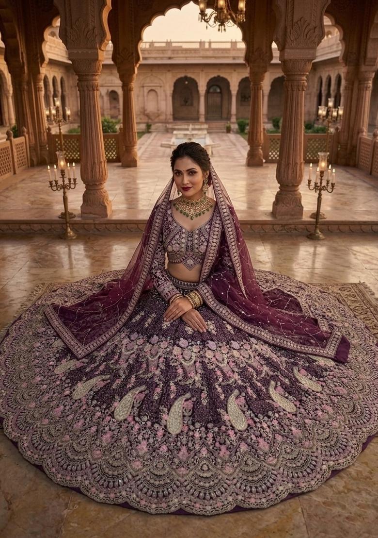 Wine Sequin Work Net Lehenga Set - Indya